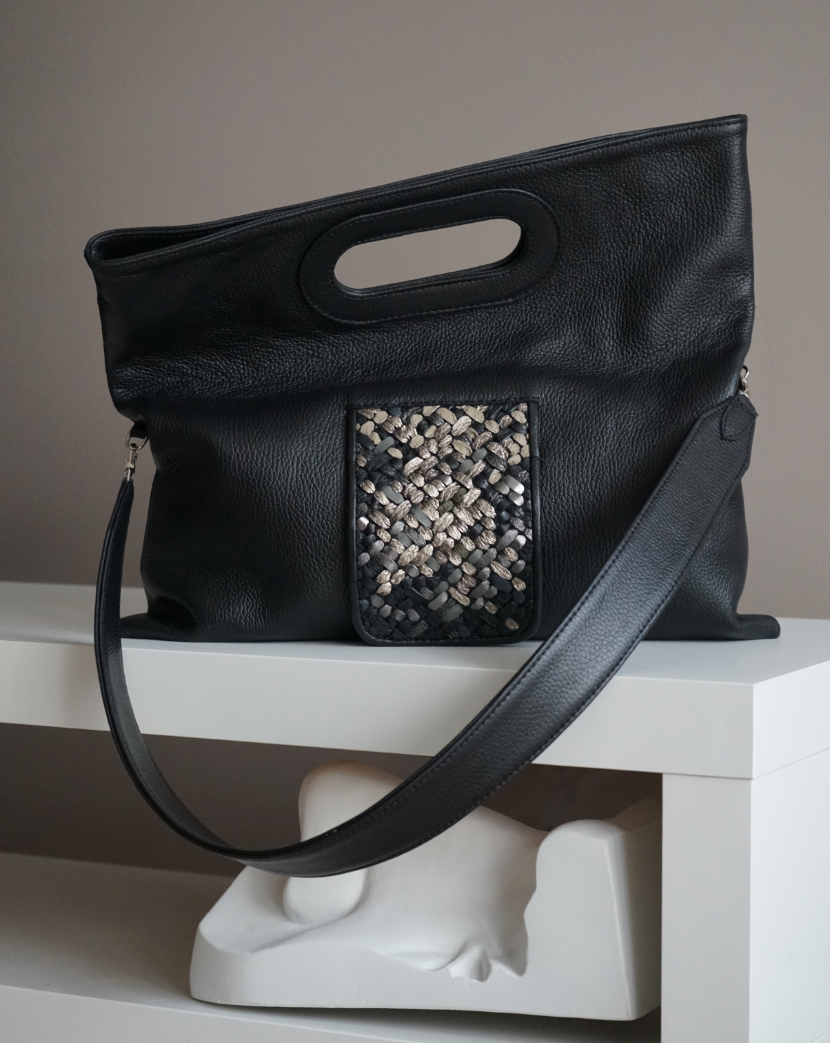 Black Pillow Bag with Handwoven Accent