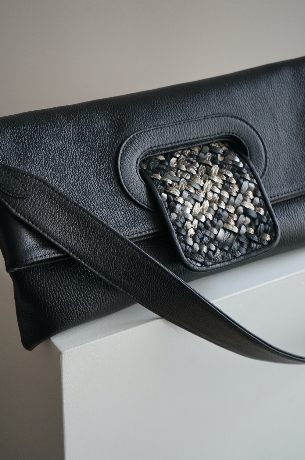 Black Pillow Bag with Handwoven Accent
