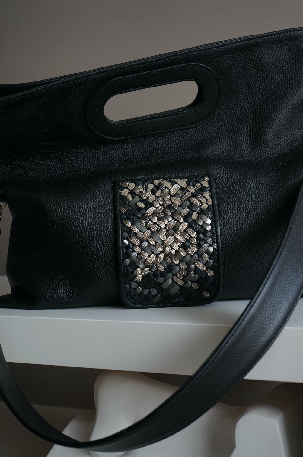 Black Pillow Bag with Handwoven Accent