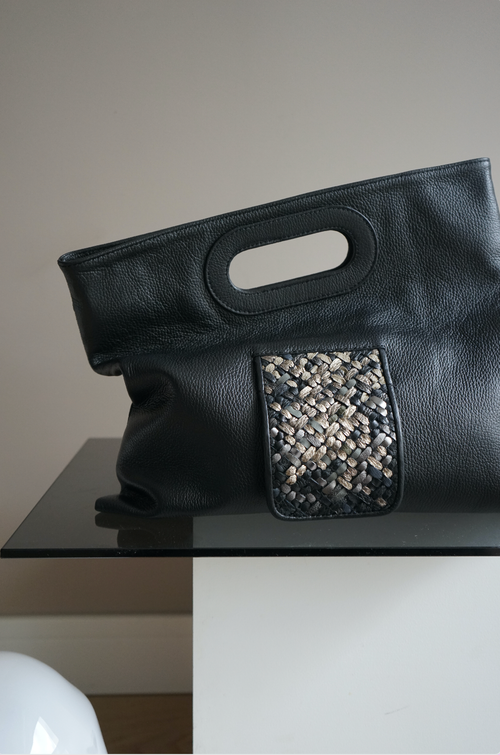 Black Pillow Bag with Handwoven Accent
